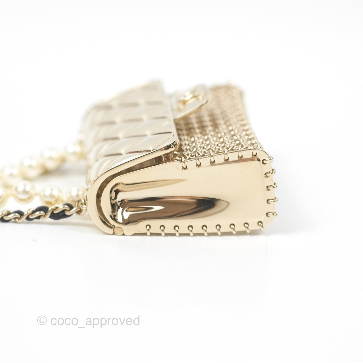 Chanel Flap Bag Charm Pearl Chain Black Leather Long Necklace Gold Tone 21S