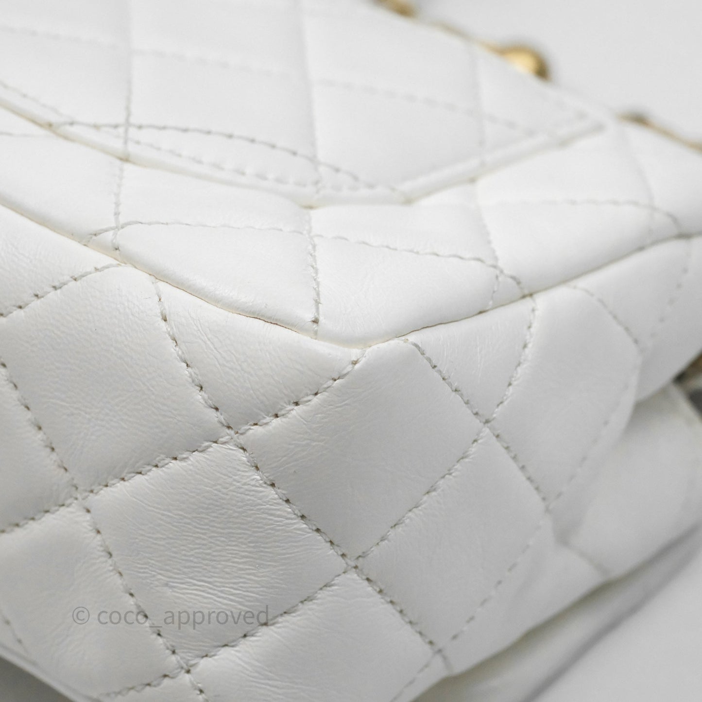 Chanel Mini Rectangular Pearl Crush Quilted White Lambskin Aged Gold Hardware