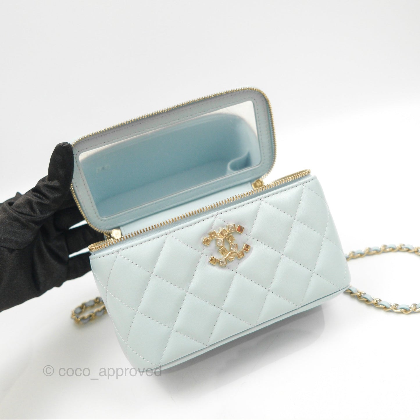 Chanel Vanity Rectangular Logo Crystal Top Handle Light Blue Lambskin Gold Hardware