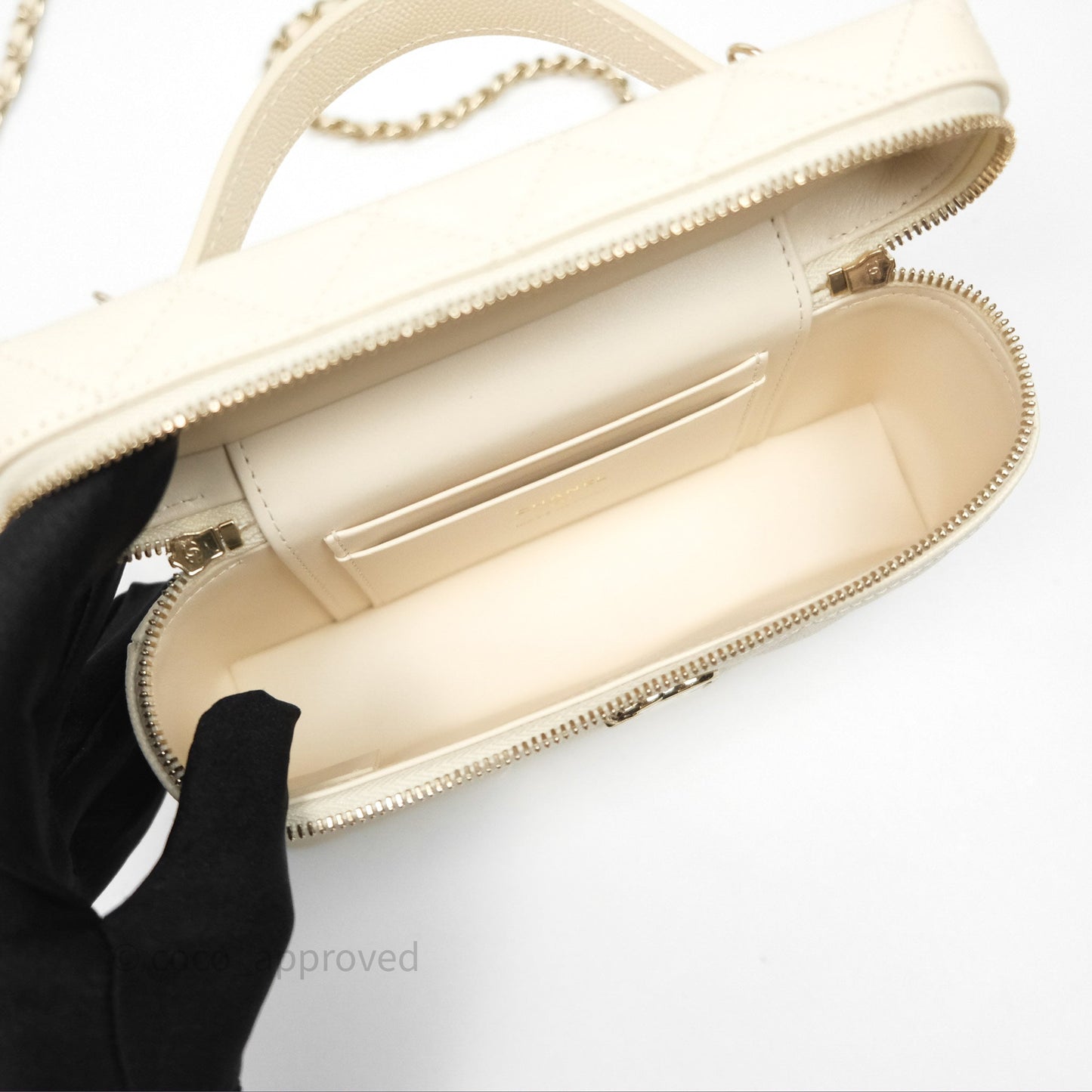 Chanel Top Handle Long Vanity with Chain Beige Caviar Gold Hardware 25C