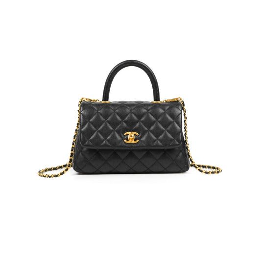 Chanel Small Coco Handle Quilted Black Caviar Aged Gold Hardware Lizard Handle