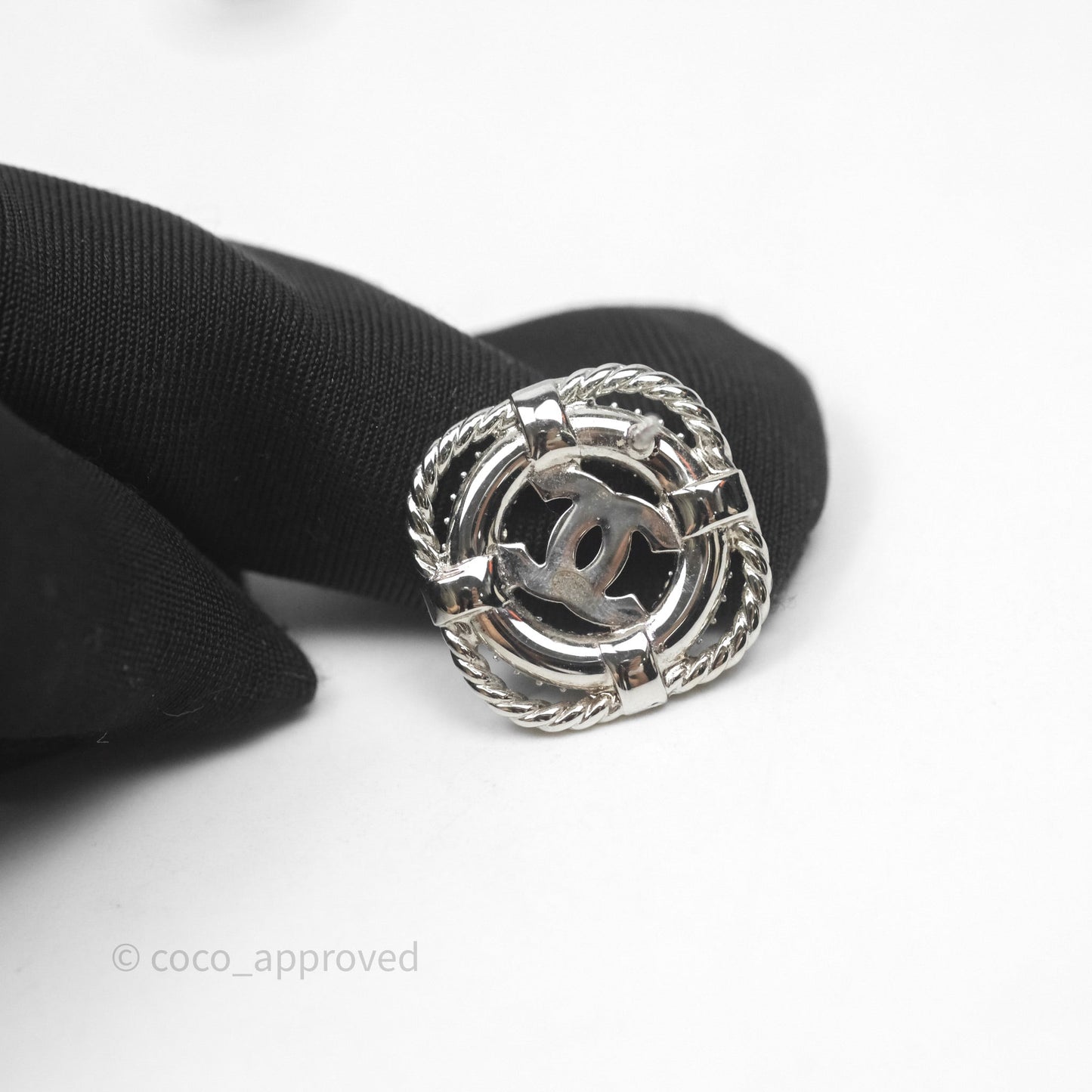 Chanel Crystal CC Square Round Earrings Silver Tone 19C