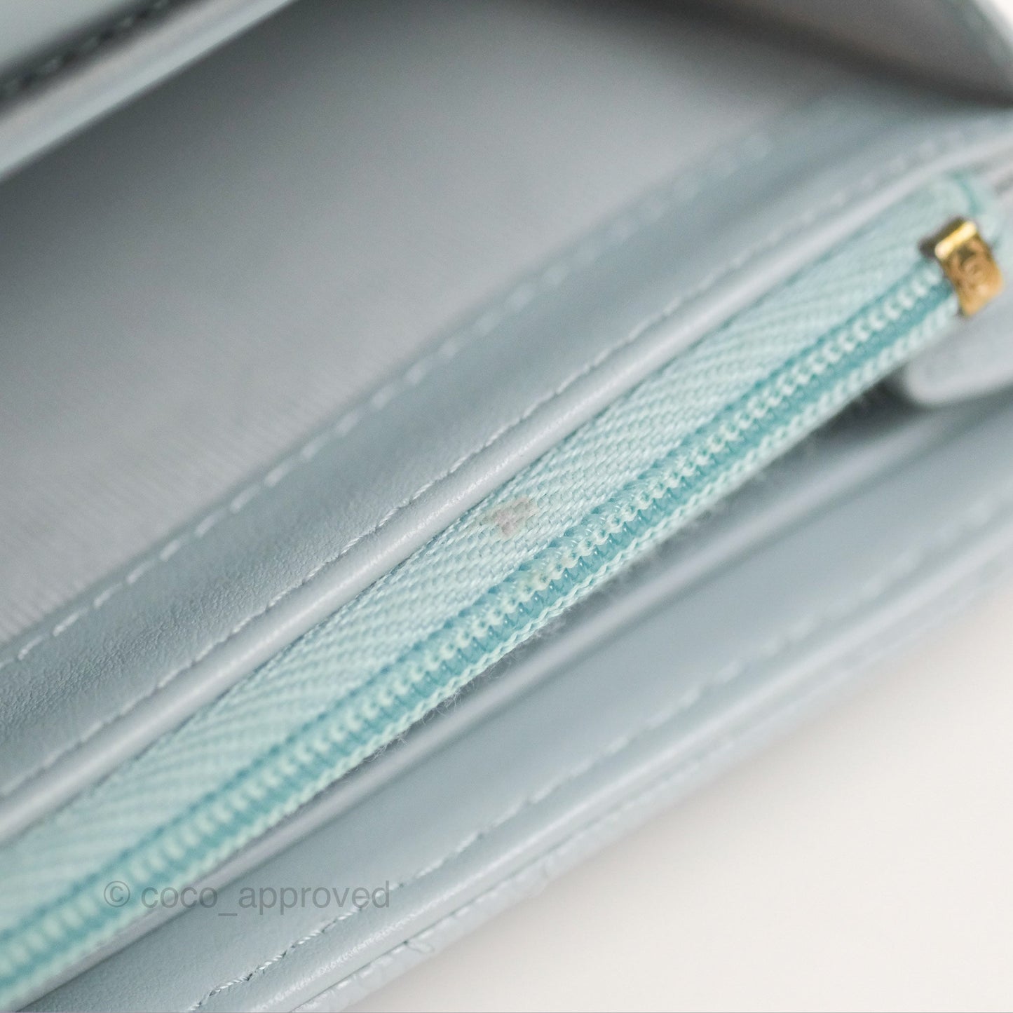 Chanel Classic Quilted Flap Long Wallet Light Blue Caviar Gold Hardware