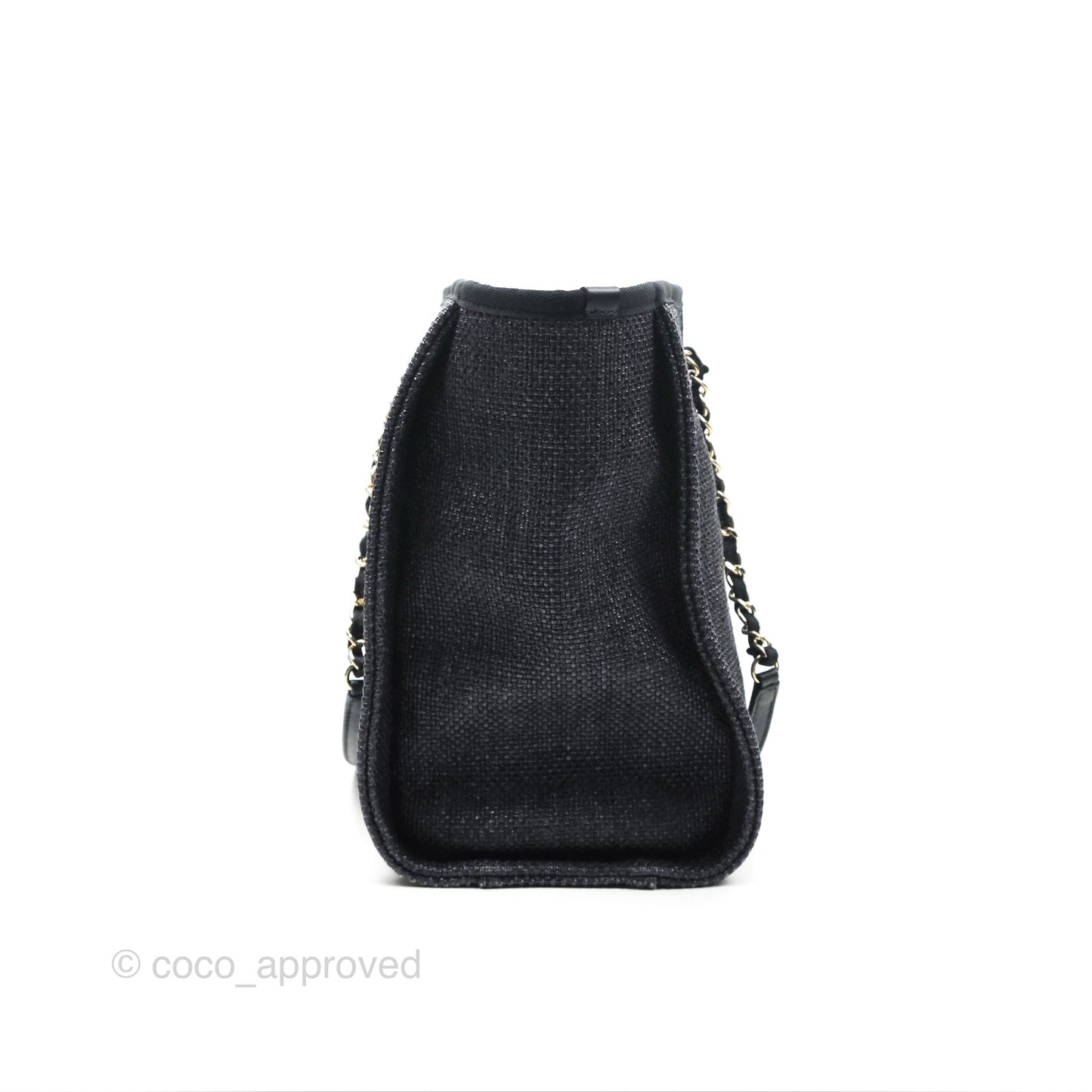 Chanel Medium Deauville Tote Black Dark Grey Raffia Woven Gold Hardware