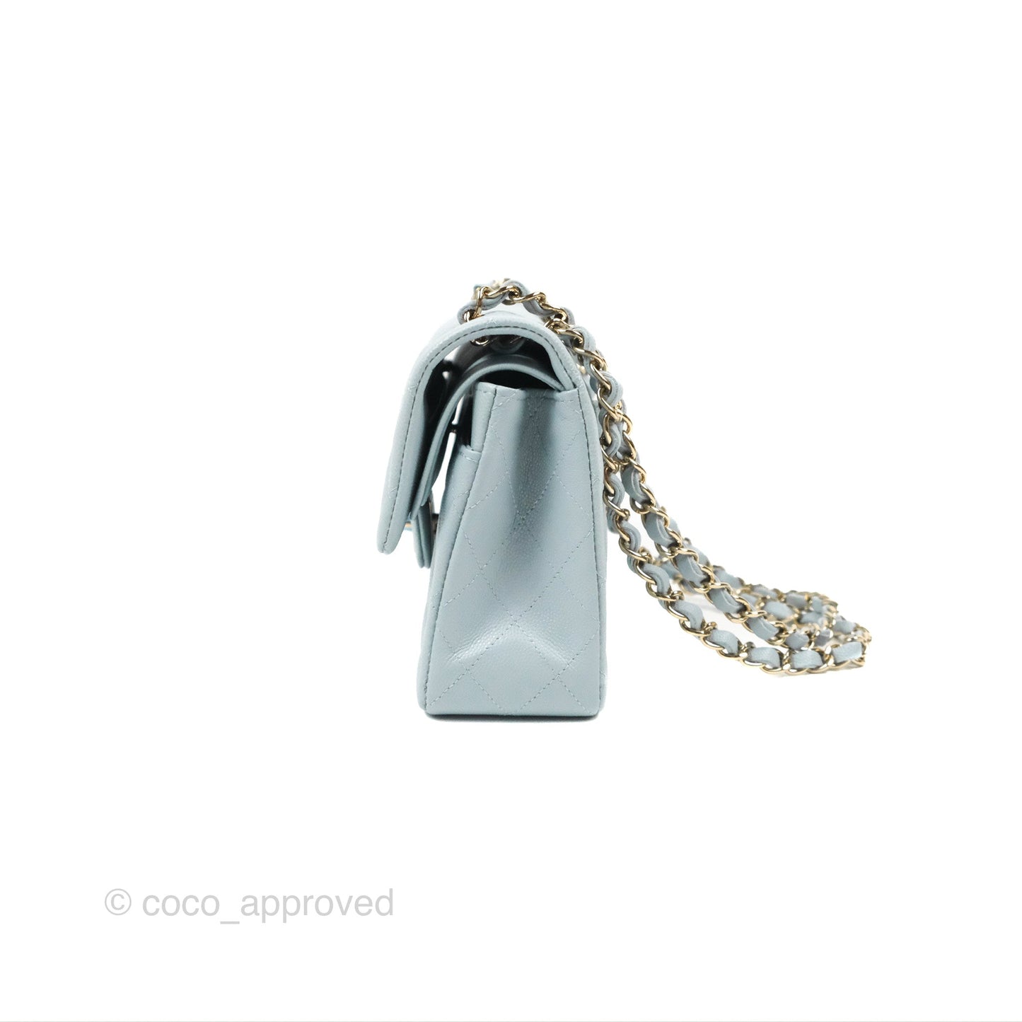 Chanel Small Classic Quilted Flap Light Blue Caviar Gold Hardware 22P
