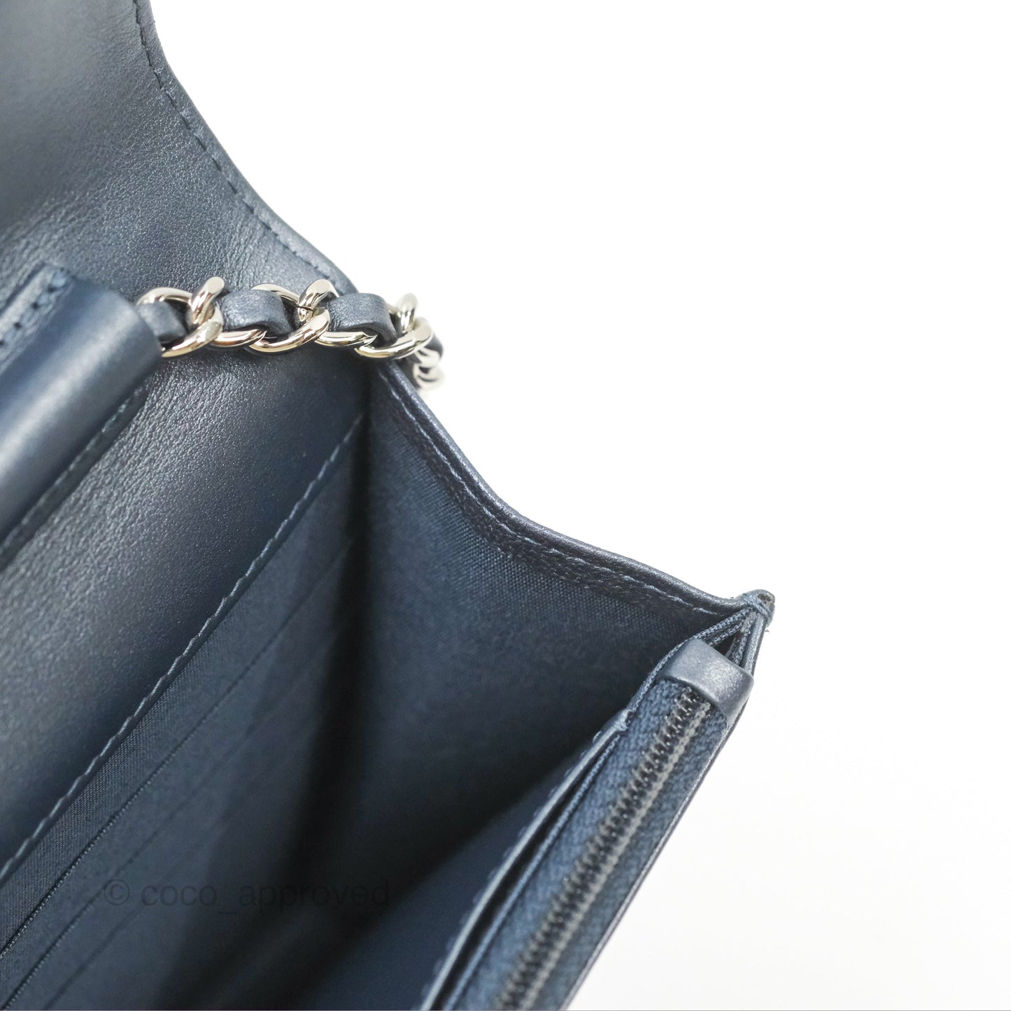 Chanel Camellia Wallet on Chain WOC Iridescent Navy Calfskin Silver Hardware