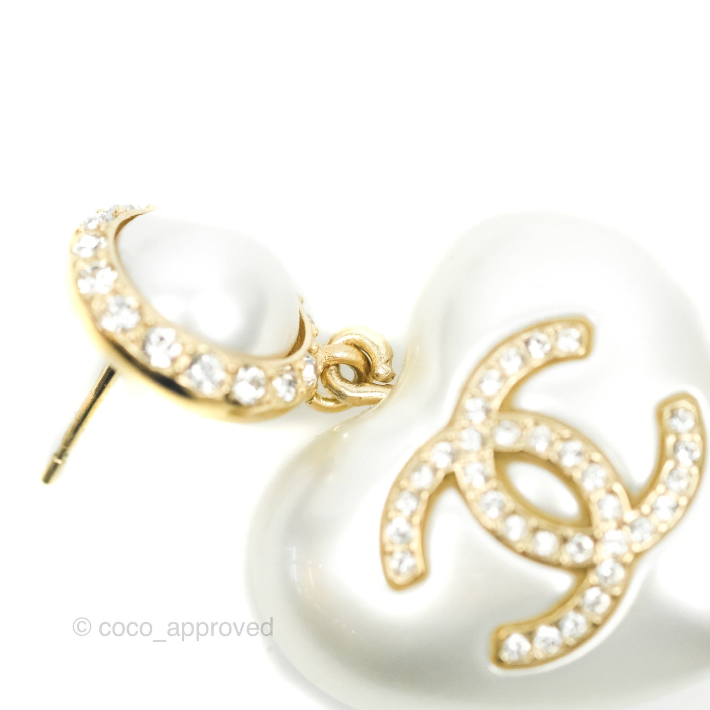 Chanel CC Pearl Heart Drop Earrings Gold Tone 21C