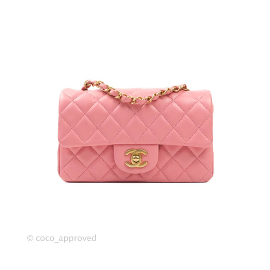 Chanel Classic Quilted Mini Rectangular Flap Pink Lambskin Aged Gold Hardware