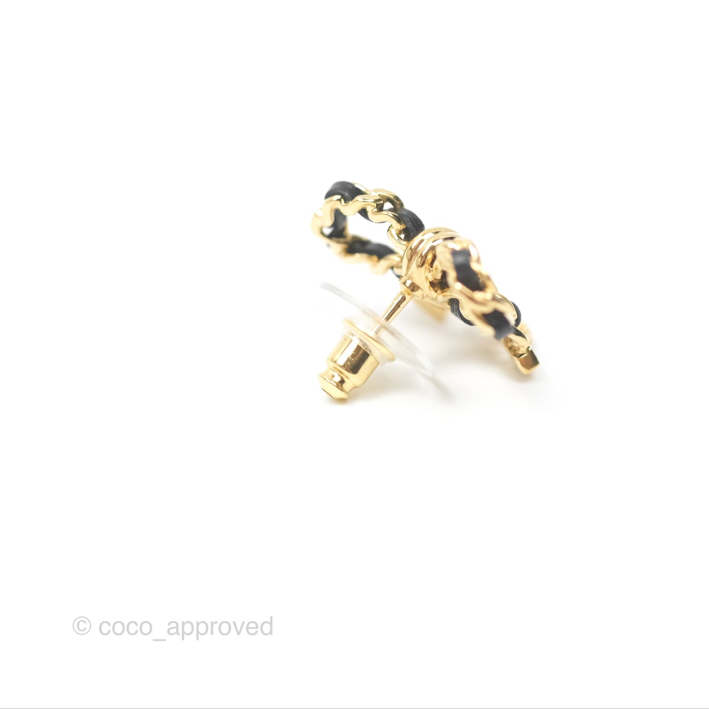 Chanel Woven Ribbon Bow Black Earrings Gold Tone 24V