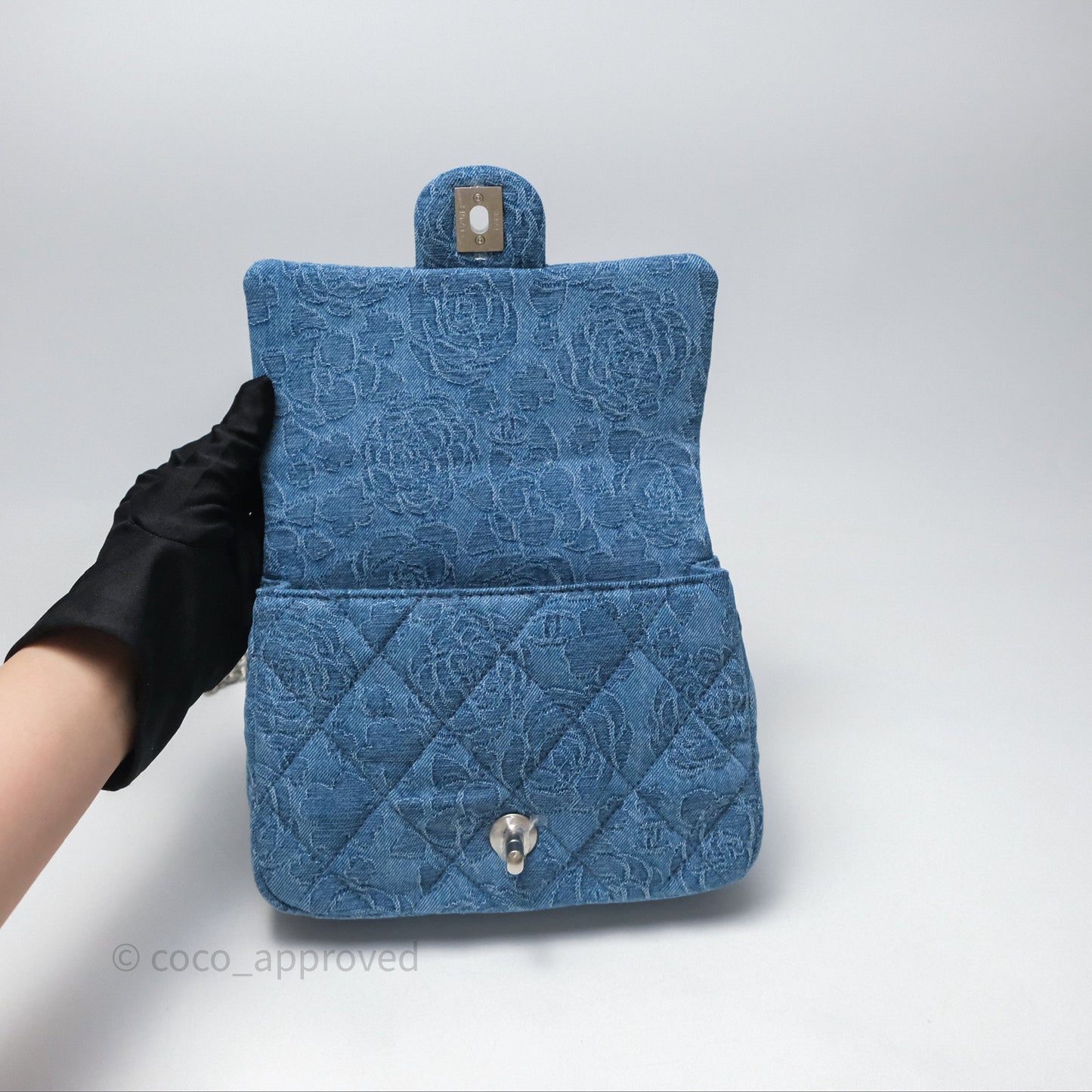 Chanel Mini Flap Bag Heart Adjustable Chain Camellia Denim Aged Gold Hardware