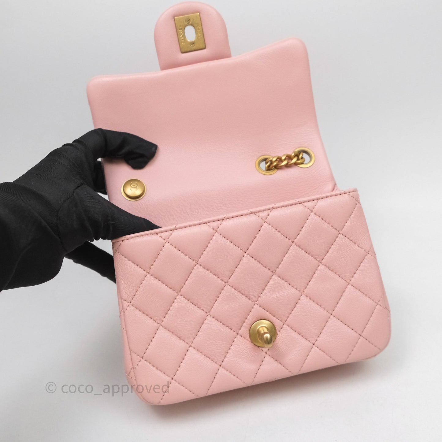 Chanel Quilted Mini Square Flap with Camellia Adjustable Chain Pink Clair Lambskin
