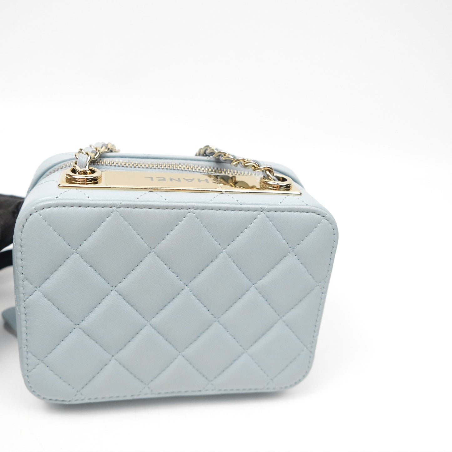 Chanel Mini Quilted Vanity Camera Case Light Blue Lambskin Gold Hardware