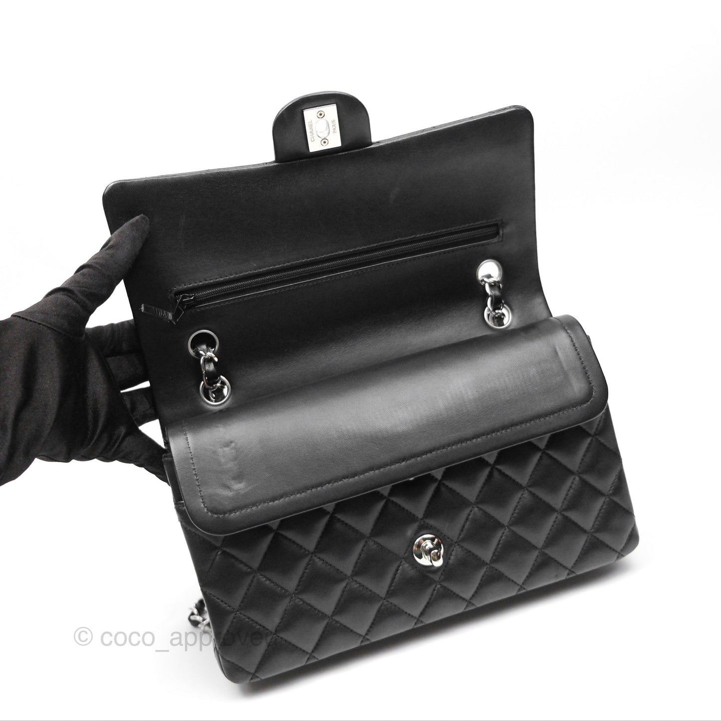 Chanel M/L Medium Classic Flap Quilted Black Lambskin Silver Hardware