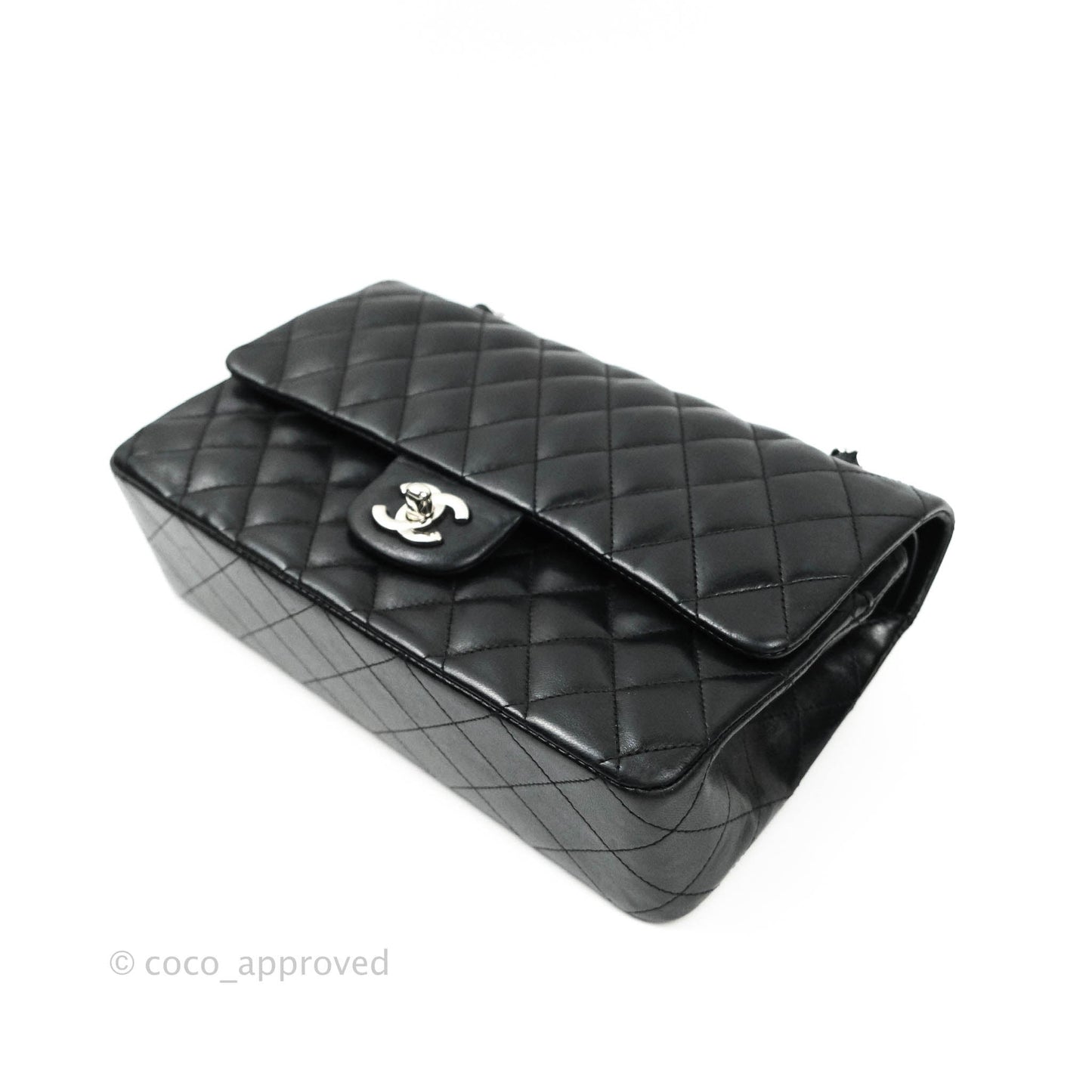 Chanel Classic M/L Medium Double Flap Bag Black Lambskin Silver Hardware