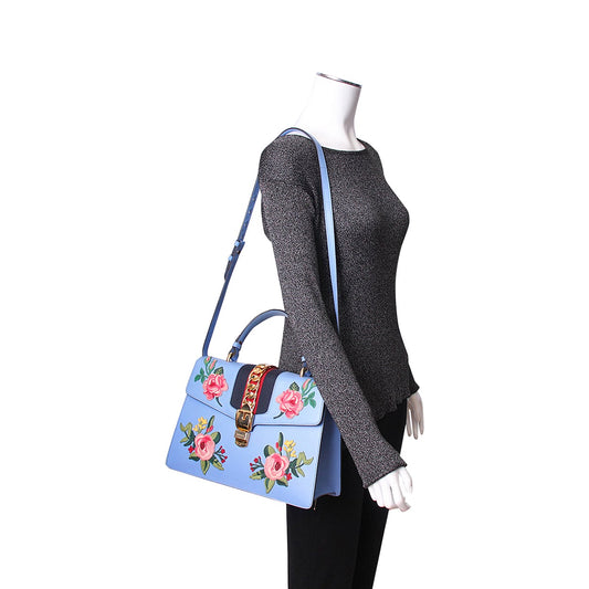 Luxury Gucci Leather Embroidered Medium Sylvie Shoulder Bag Blue