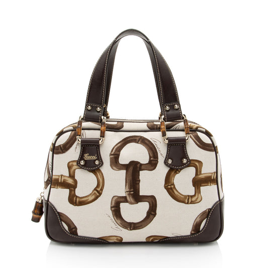 Gucci Horsebit Canvas Bamboo Satchel