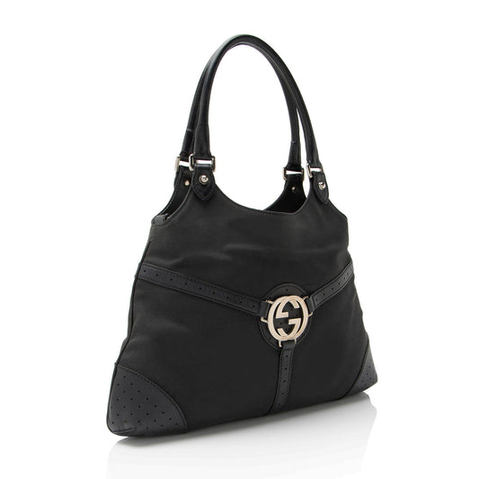 Gucci Canvas Perforated Leather Interlocking G Reins Satchel