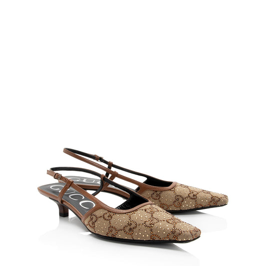 Gucci GG Canvas Crystal Slingback Pumps - Size 6.5 / 36.5 (SHF-dfhaWv)