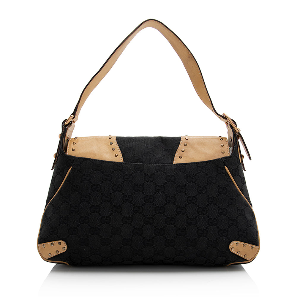 Gucci Canvas Leather Studded Horsebit Shoulder Bag (SHF-21925)