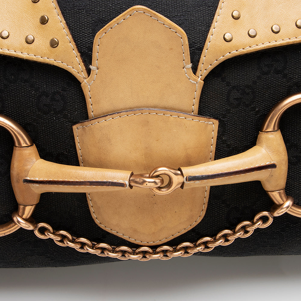 Gucci Canvas Leather Studded Horsebit Shoulder Bag (SHF-21925)