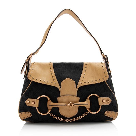 Gucci Canvas Leather Studded Horsebit Shoulder Bag (SHF-21925)