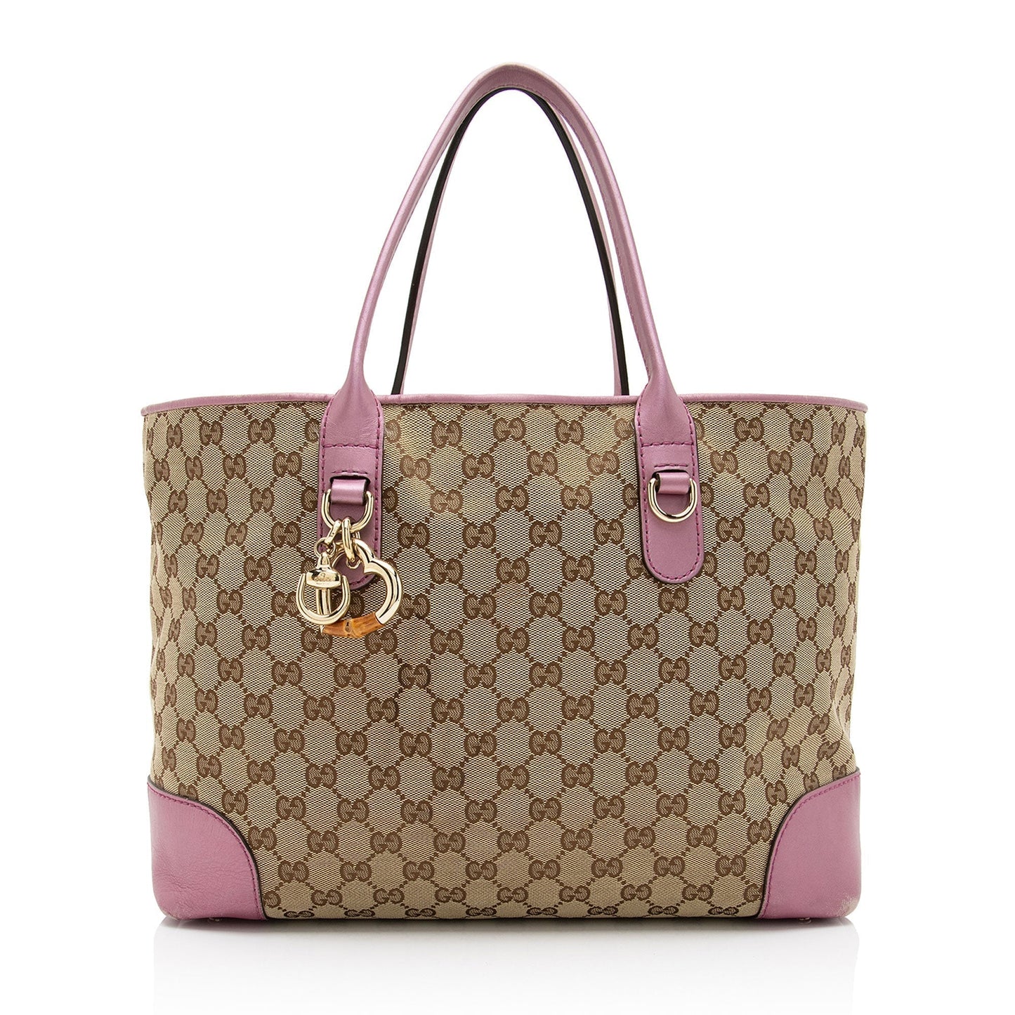 Luxury Gucci GG Canvas Metallic Leather Heart Bit Charm Medium Tote (SHF-5MJYxM)