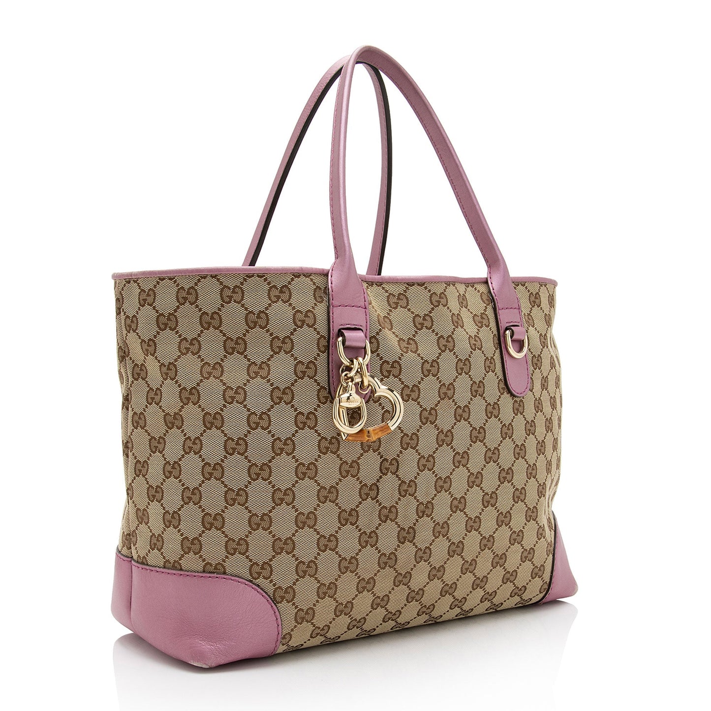Luxury Gucci GG Canvas Metallic Leather Heart Bit Charm Medium Tote (SHF-5MJYxM)