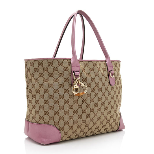 Luxury Gucci GG Canvas Metallic Leather Heart Bit Charm Medium Tote (SHF-5MJYxM)