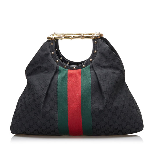 Luxury Gucci GG Canvas Web Metal Bamboo Tote (SHG-XlBfM7)