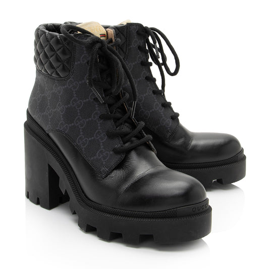 Gucci GG Supreme Leather Lace Up Ankle Boots - Size 10 / 40 (SHF-Rnm2Gv)