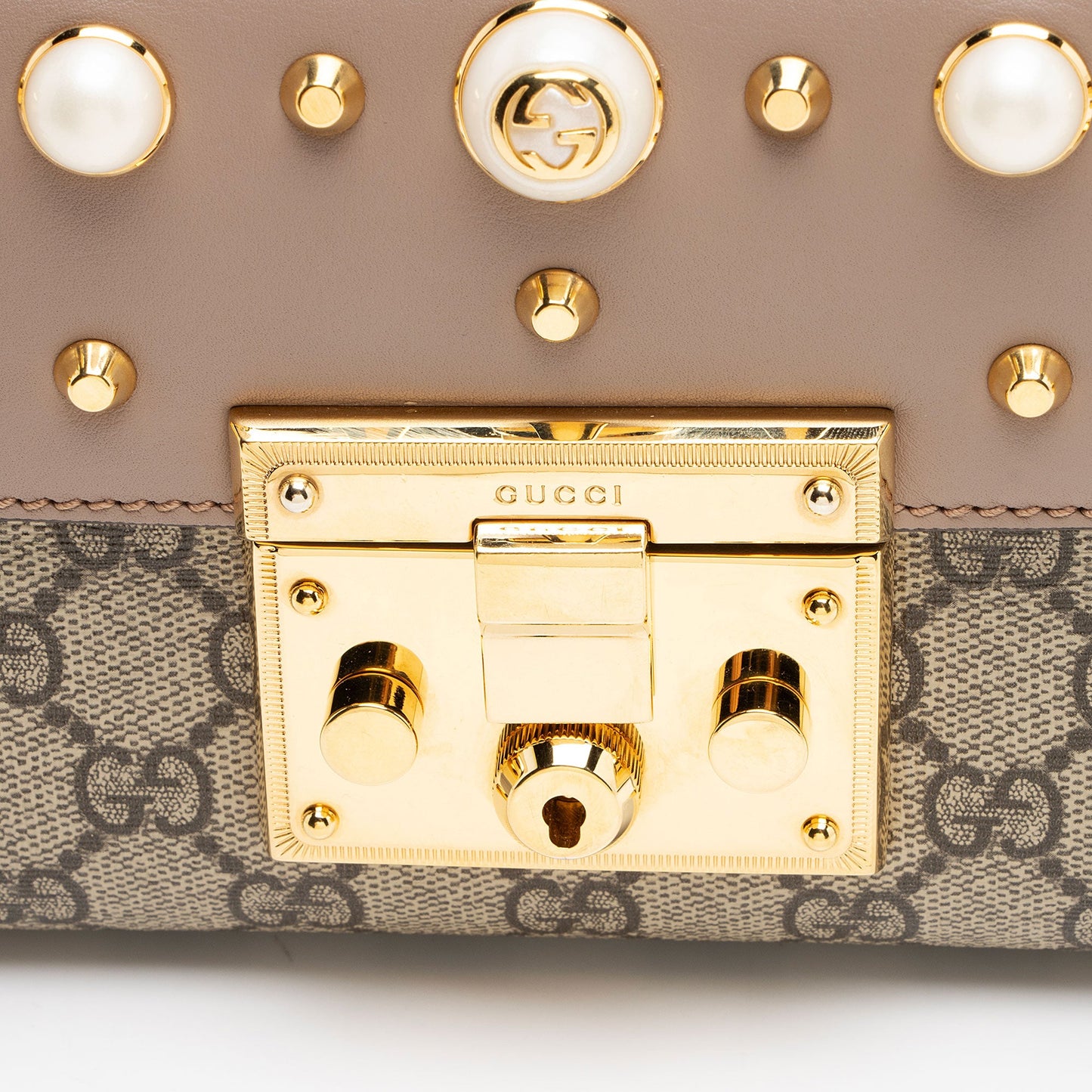 Gucci GG Supreme Pearl Stud Padlock Small Shoulder Bag
