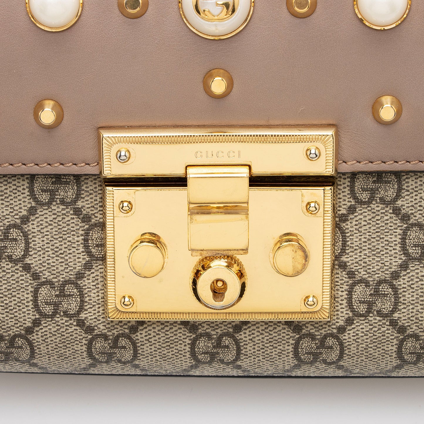 Gucci GG Supreme Pearl Stud Padlock Small Shoulder Bag