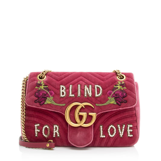 Gucci Matelasse Velvet Embroidered Blind for Love GG Marmont Medium Shoulder Bag - FINAL SALE (SHF-23780)