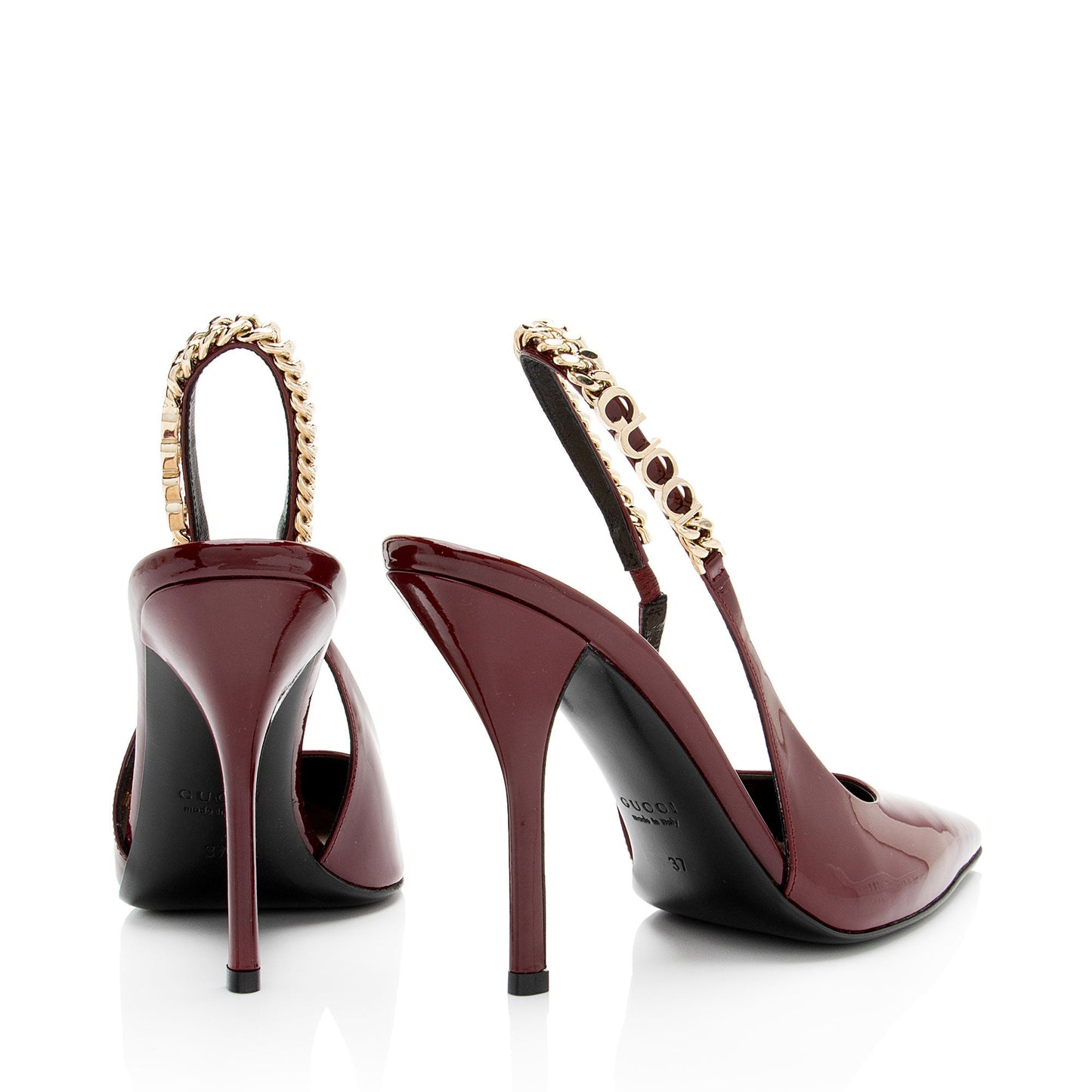 Gucci Patent Leather Chain Logo Signoria Slingback Pumps - Size 7 / 37