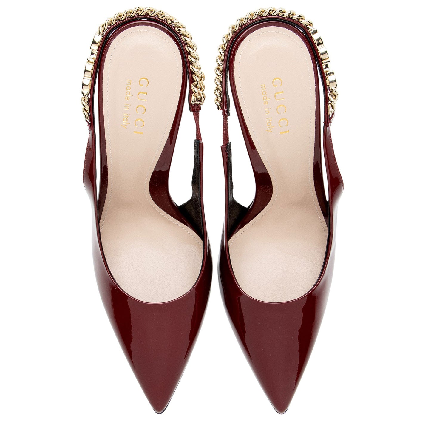 Gucci Patent Leather Chain Logo Signoria Slingback Pumps - Size 7 / 37