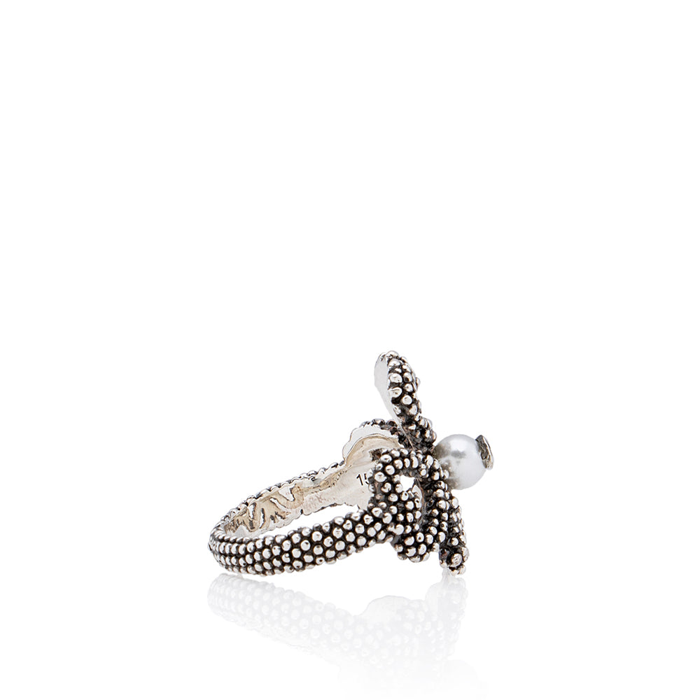 Gucci Sterling Silver Glass Pearl Heart Ribbon Ring - Size 7 1/2 - FINAL SALE (SHF-18255)