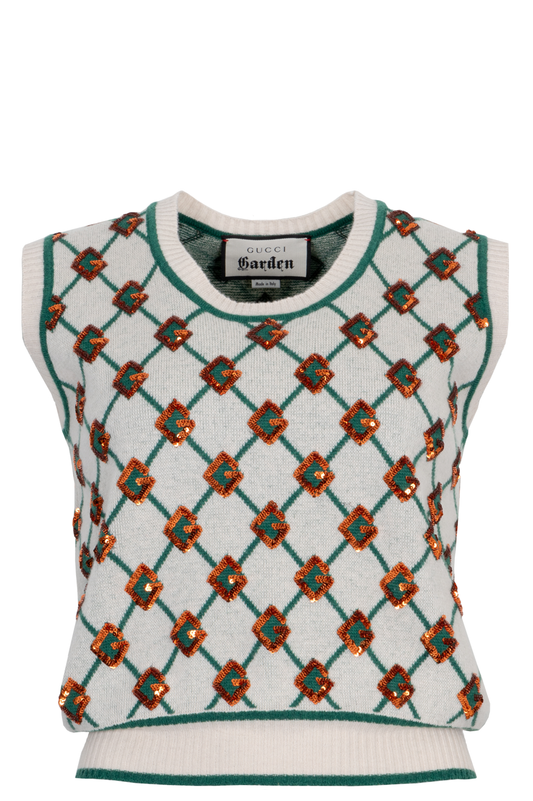 Luxury Gucci Trending 2025 Garden GG Knit Top Wool Sequins Green White