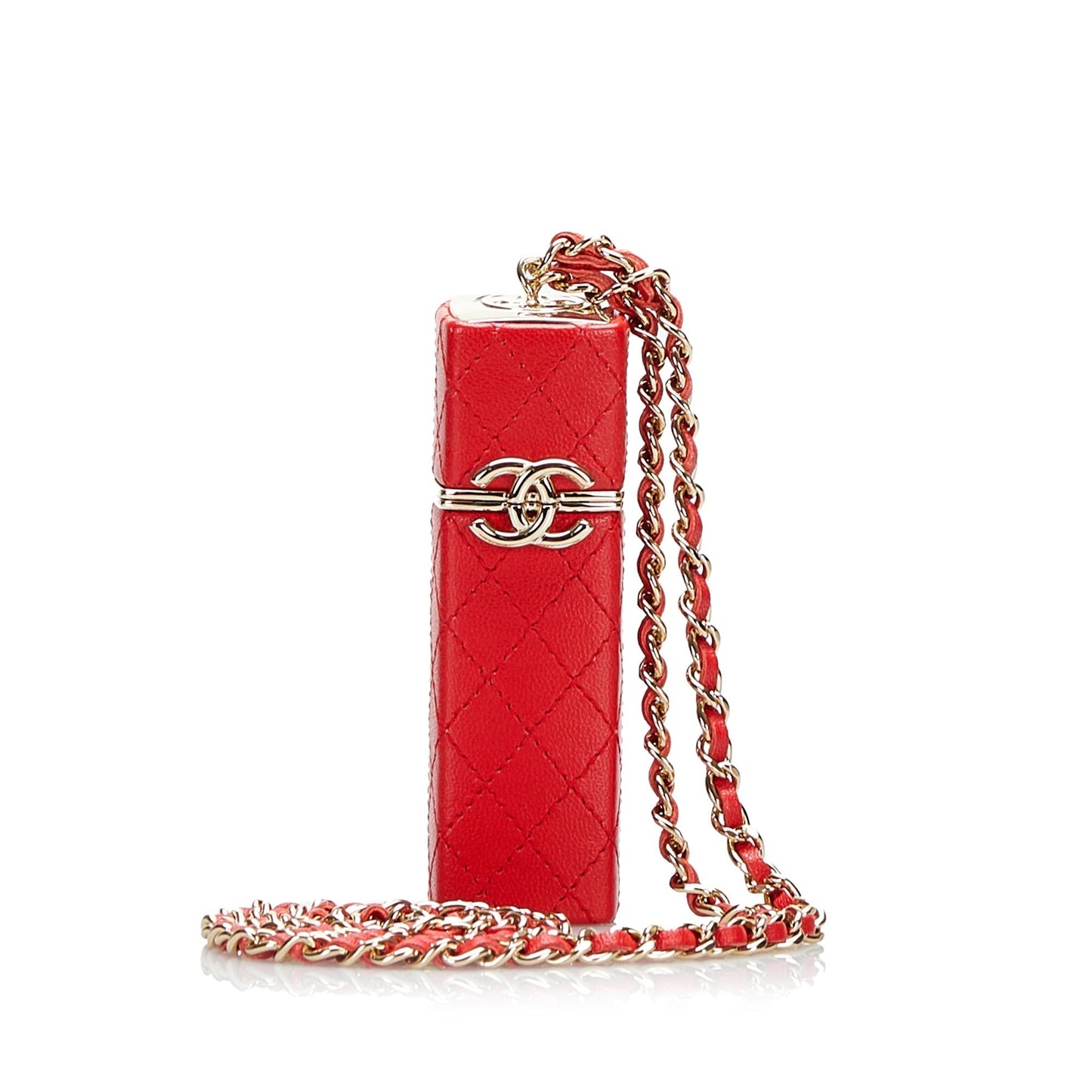 Luxury Chanel CC Lambskin Squared Lipstick Case on Chain Red Lambskin Gold