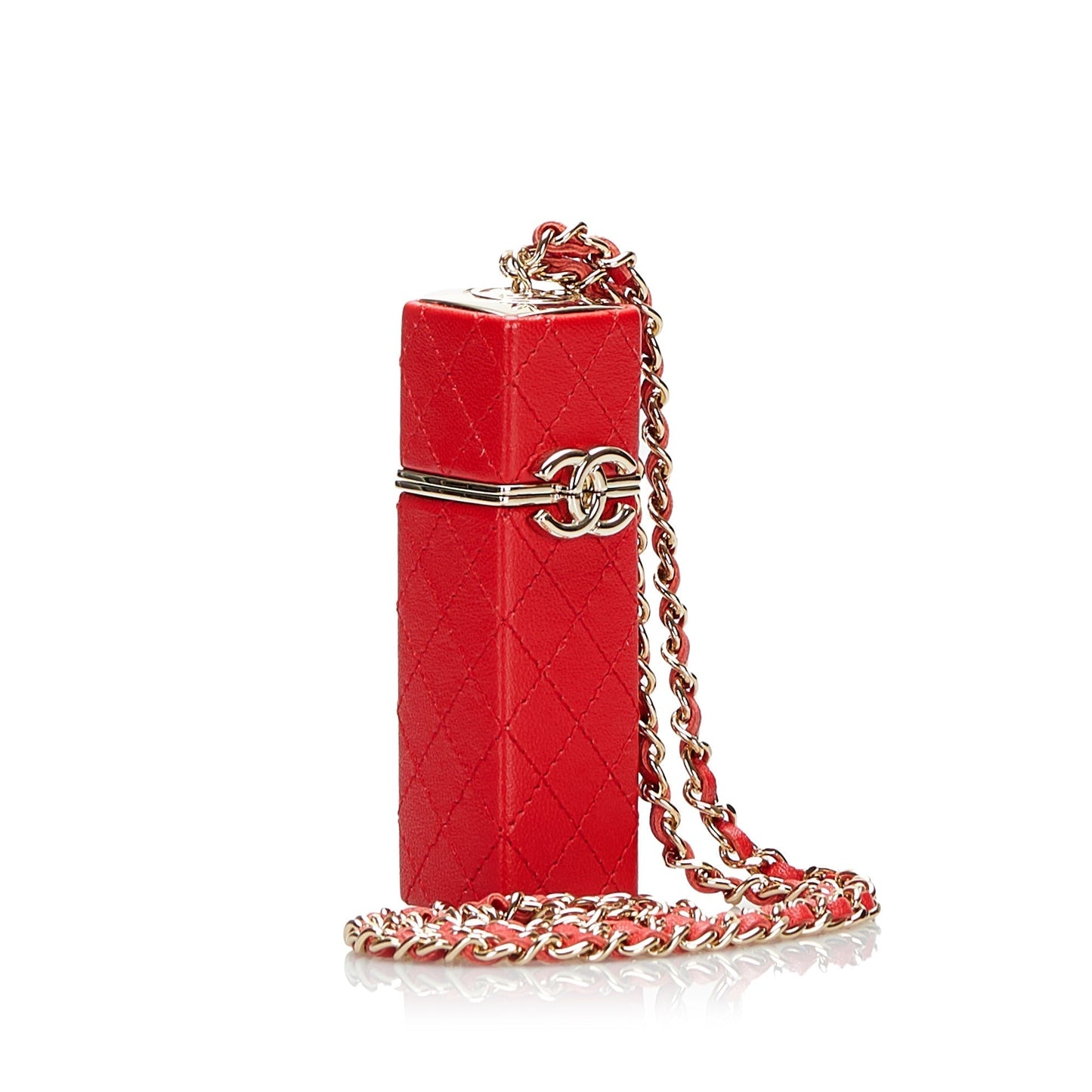 Luxury Chanel CC Lambskin Squared Lipstick Case on Chain Red Lambskin Gold
