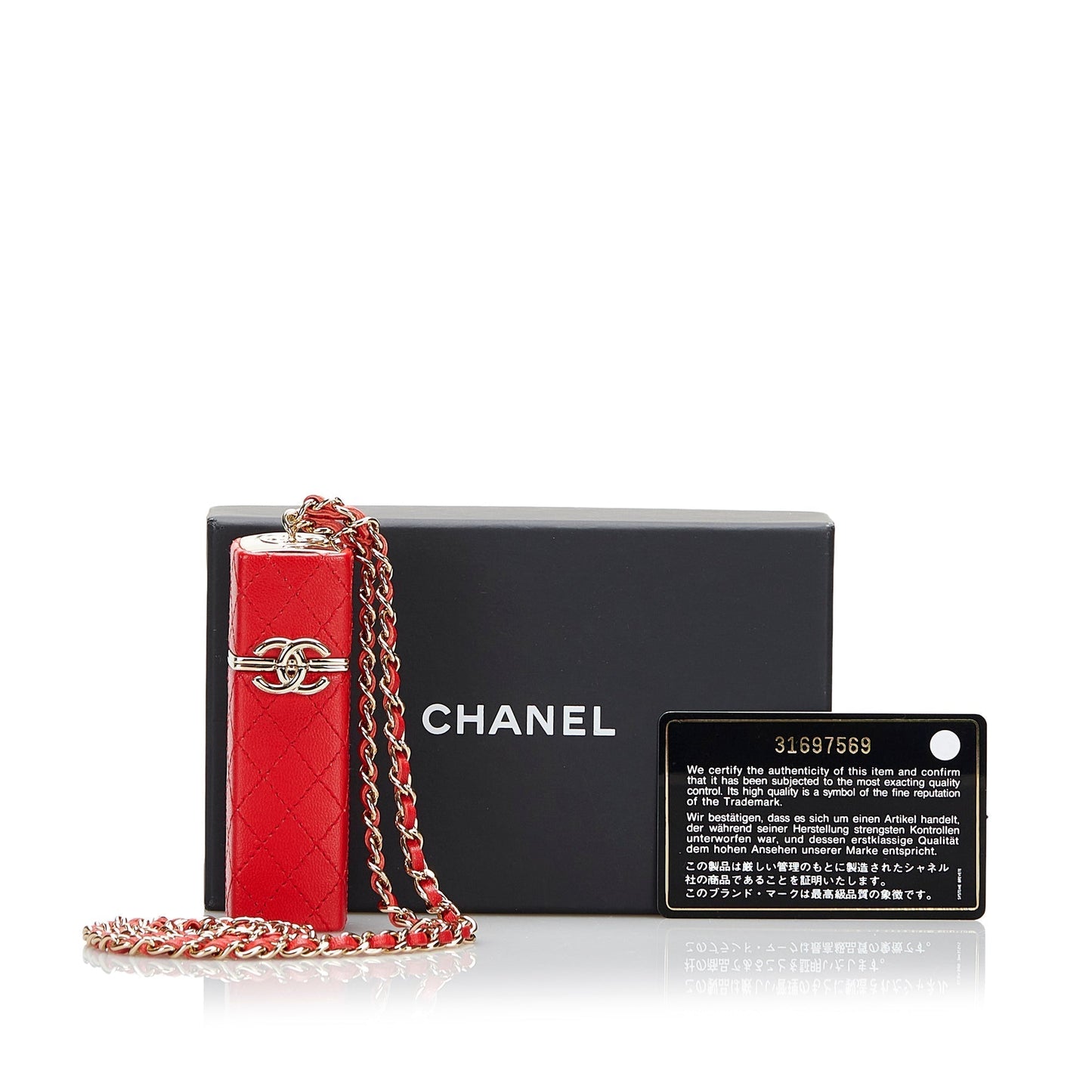 Luxury Chanel CC Lambskin Squared Lipstick Case on Chain Red Lambskin Gold