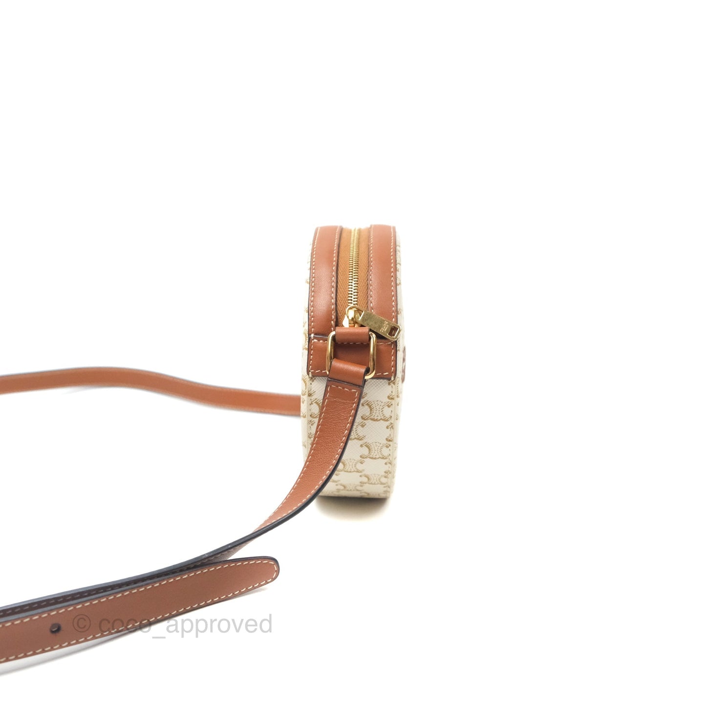 Celine Round Purse on Strap Triomphe Canvas White Tan