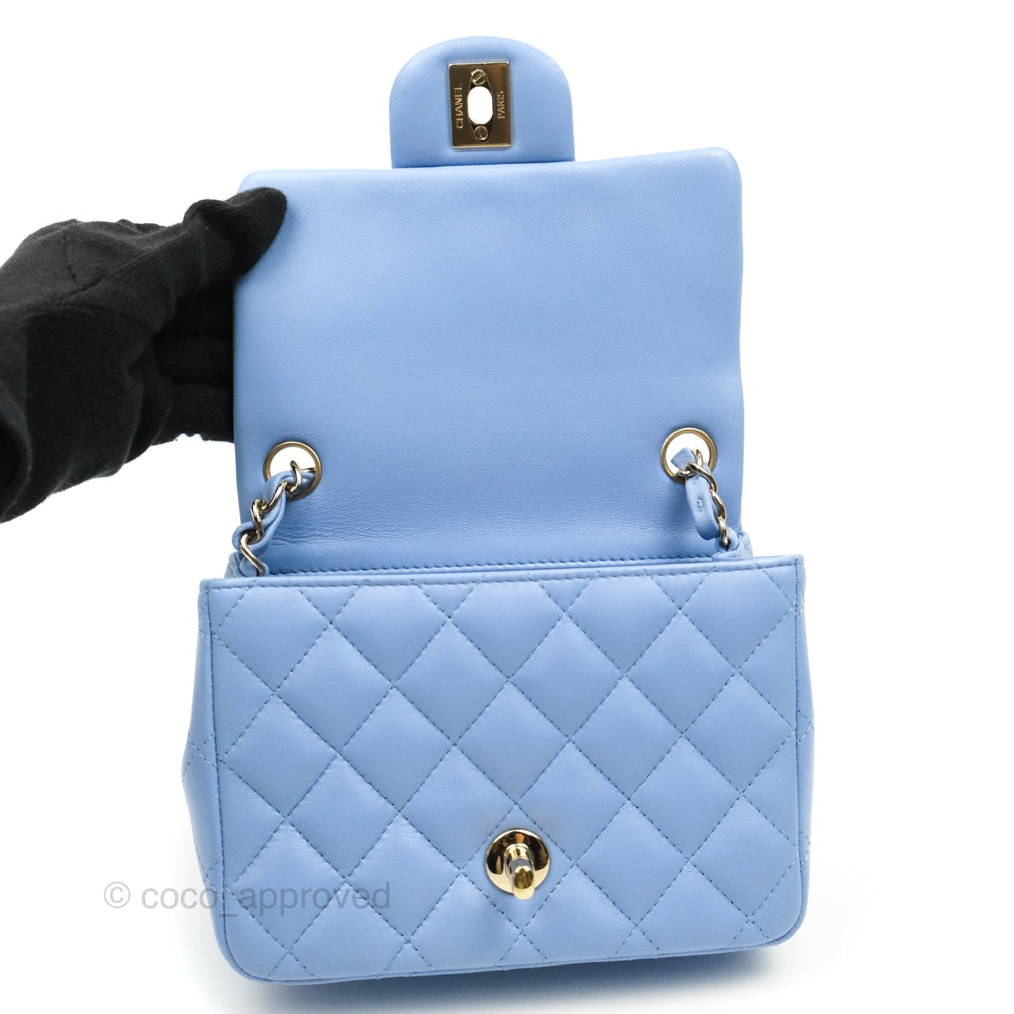 Chanel Mini Square Quilted Sky Blue Lambskin Gold Hardware 21C