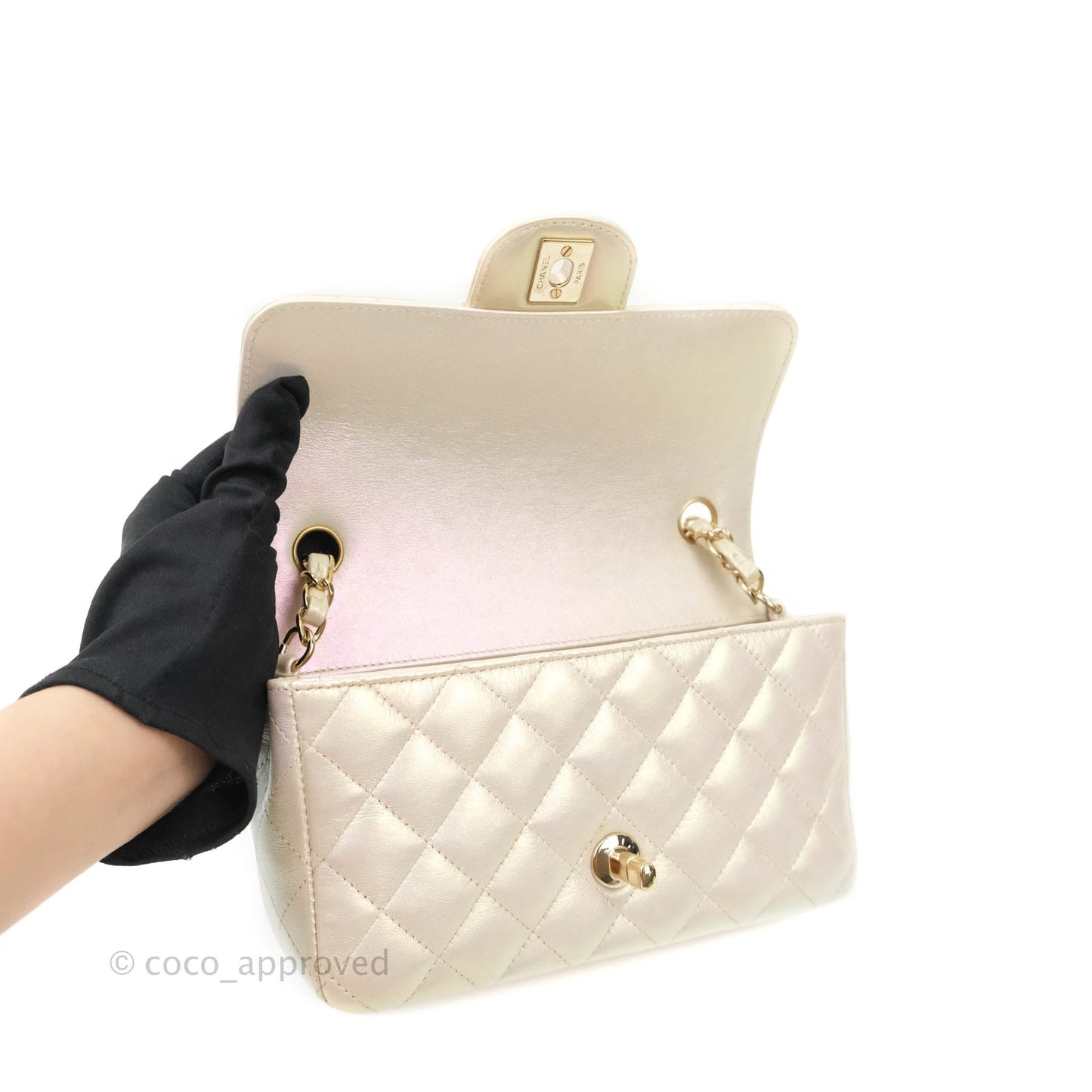 Chanel Quilted Mini Rectangular Iridescent Ivory Lambskin Gold Hardware