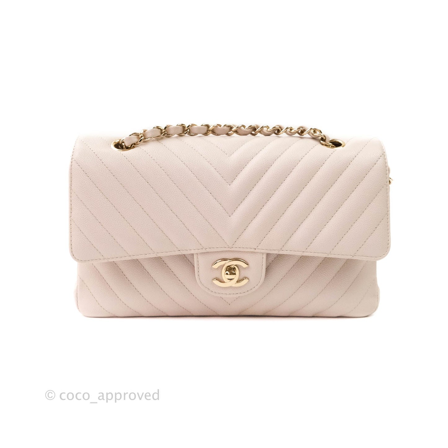 Chanel Classic M/L Medium Double Flap Chevron Ivory Caviar Gold Hardware