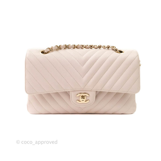 Chanel Classic M/L Medium Double Flap Chevron Ivory Caviar Gold Hardware