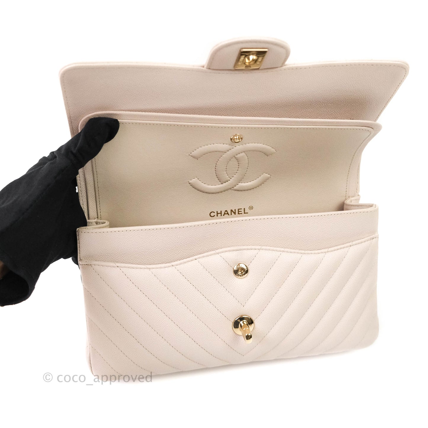 Chanel Classic M/L Medium Double Flap Chevron Ivory Caviar Gold Hardware
