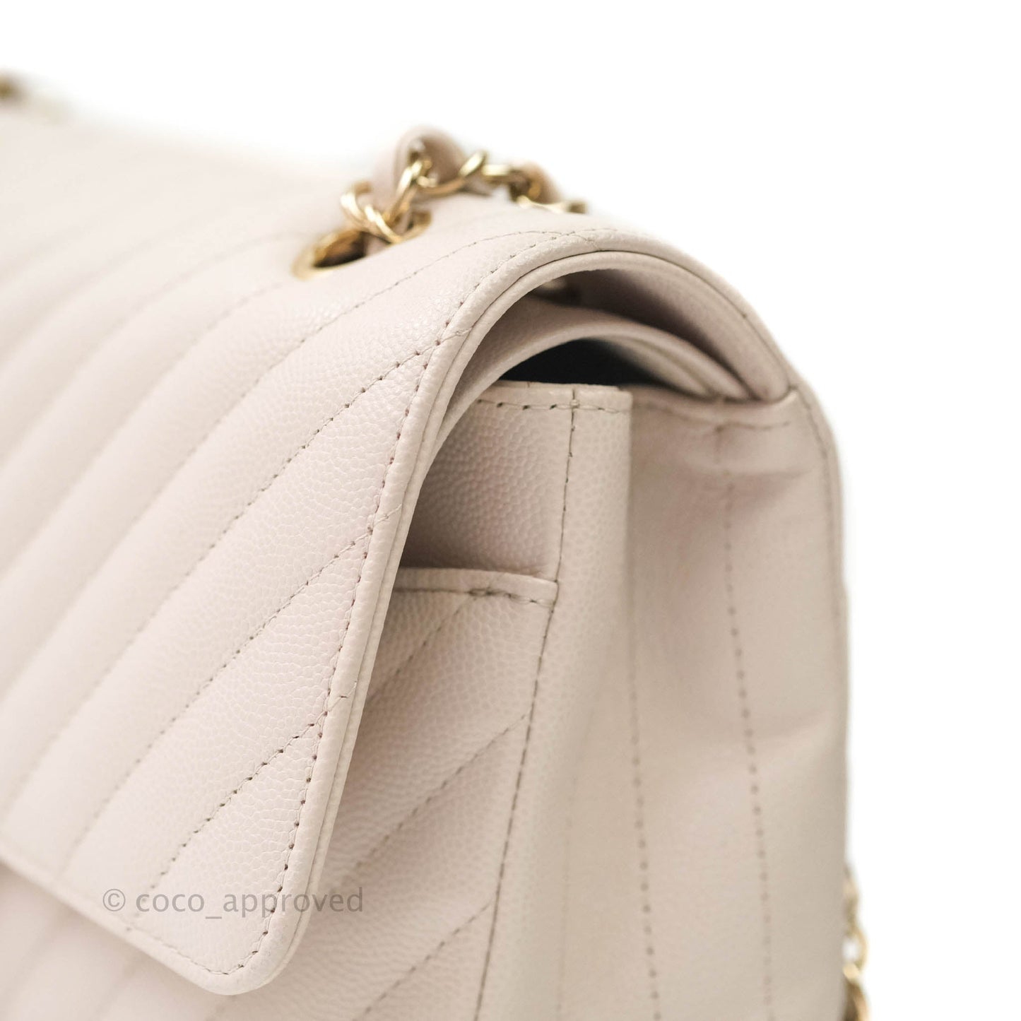 Chanel Classic M/L Medium Double Flap Chevron Ivory Caviar Gold Hardware