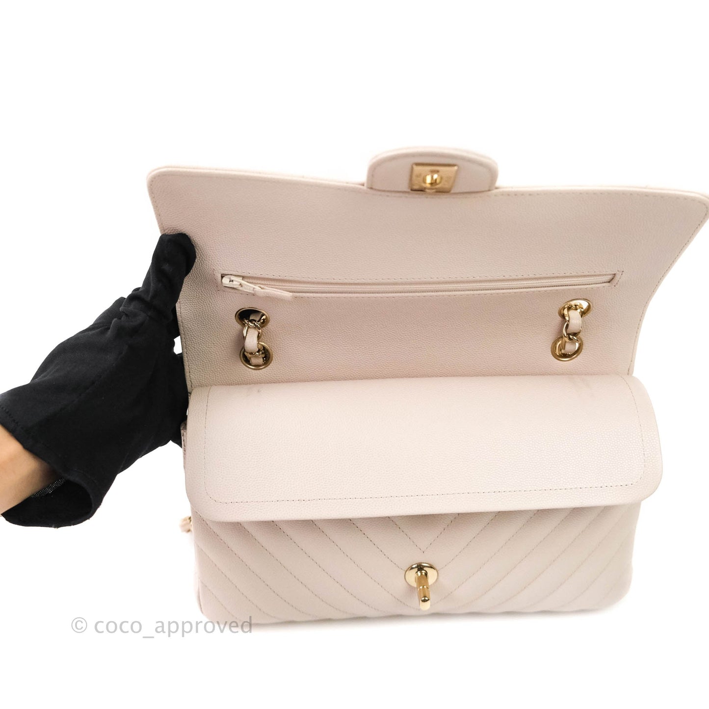 Chanel Classic M/L Medium Double Flap Chevron Ivory Caviar Gold Hardware