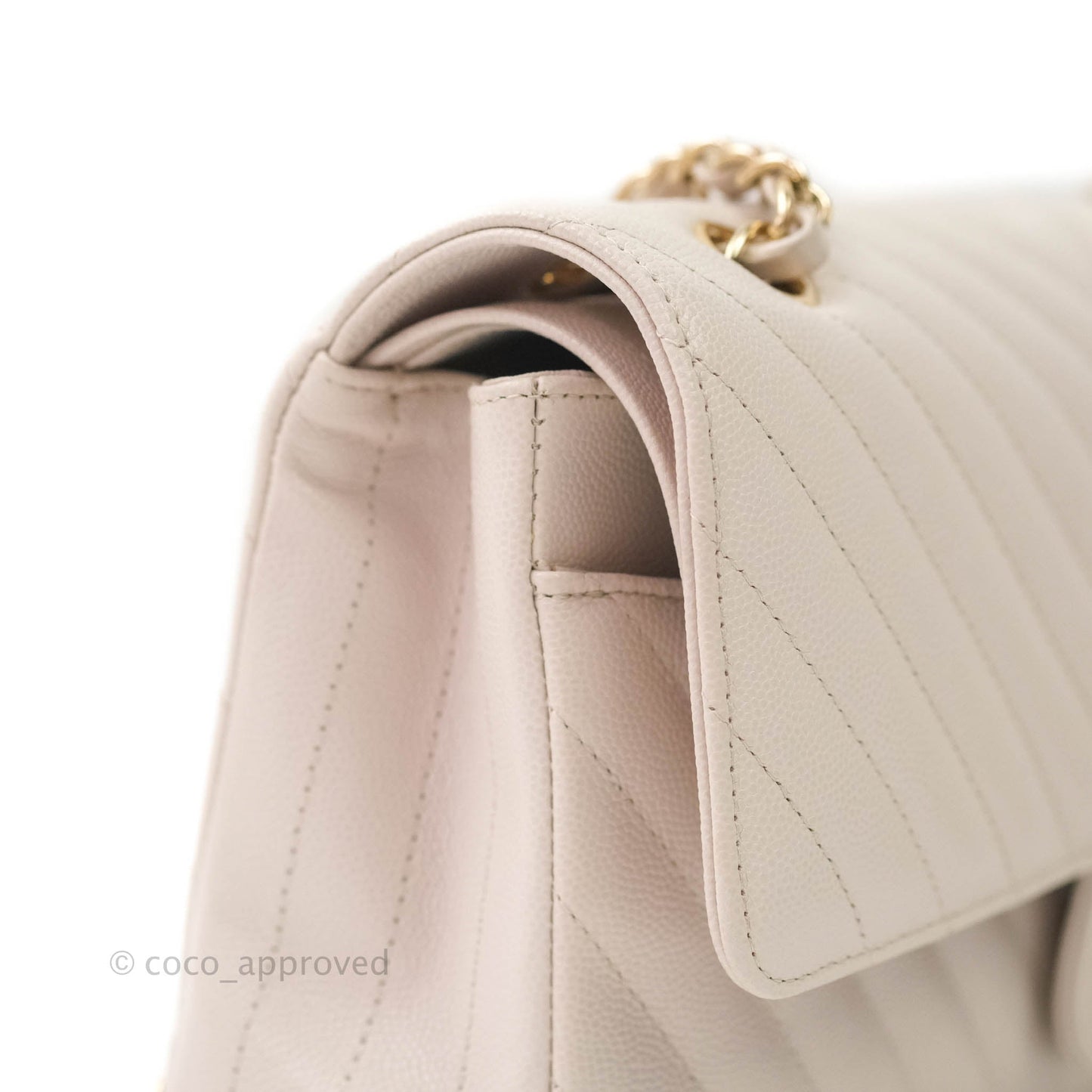 Chanel Classic M/L Medium Double Flap Chevron Ivory Caviar Gold Hardware