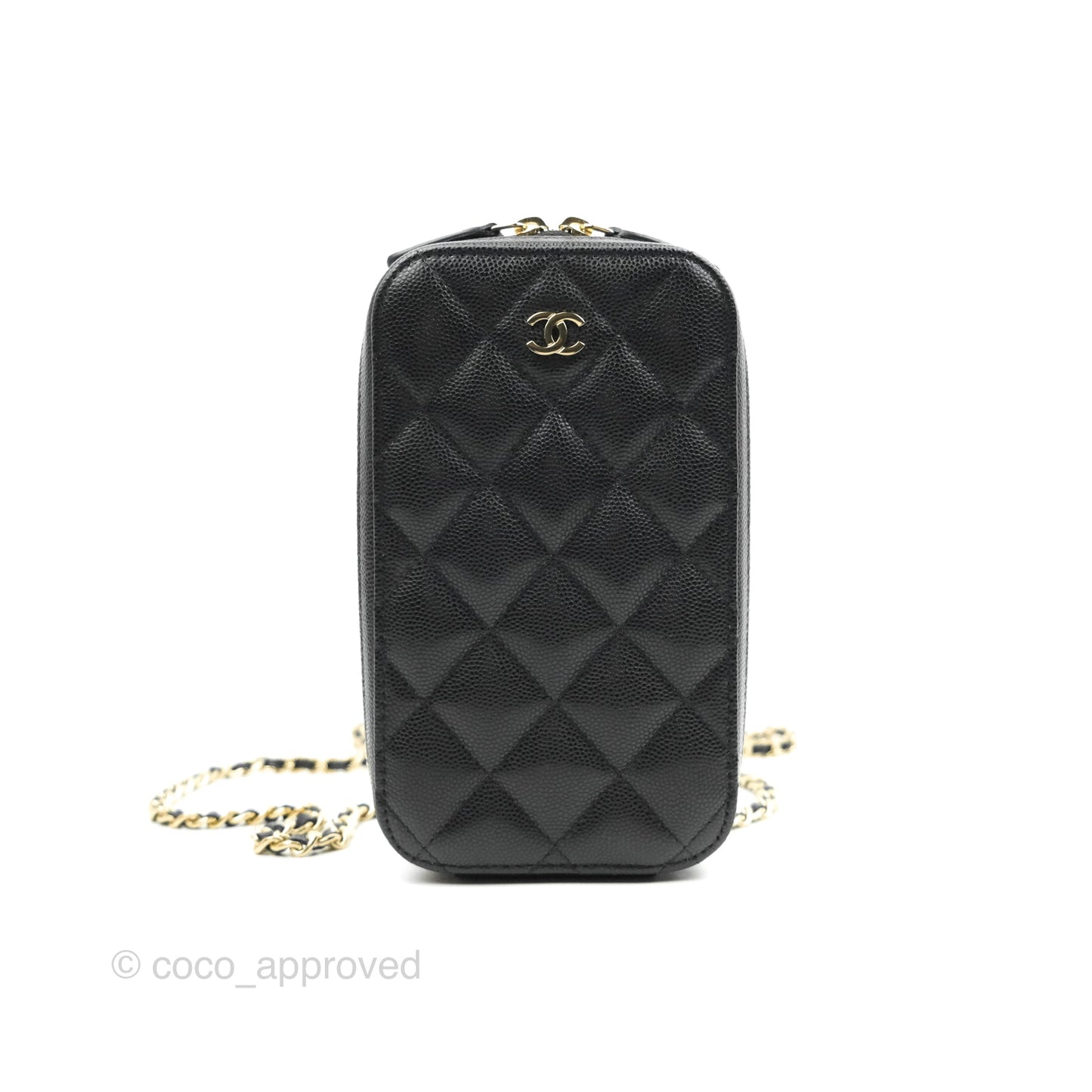 Chanel Quilted WOC Phone Holder Black Caviar Gold Hardware